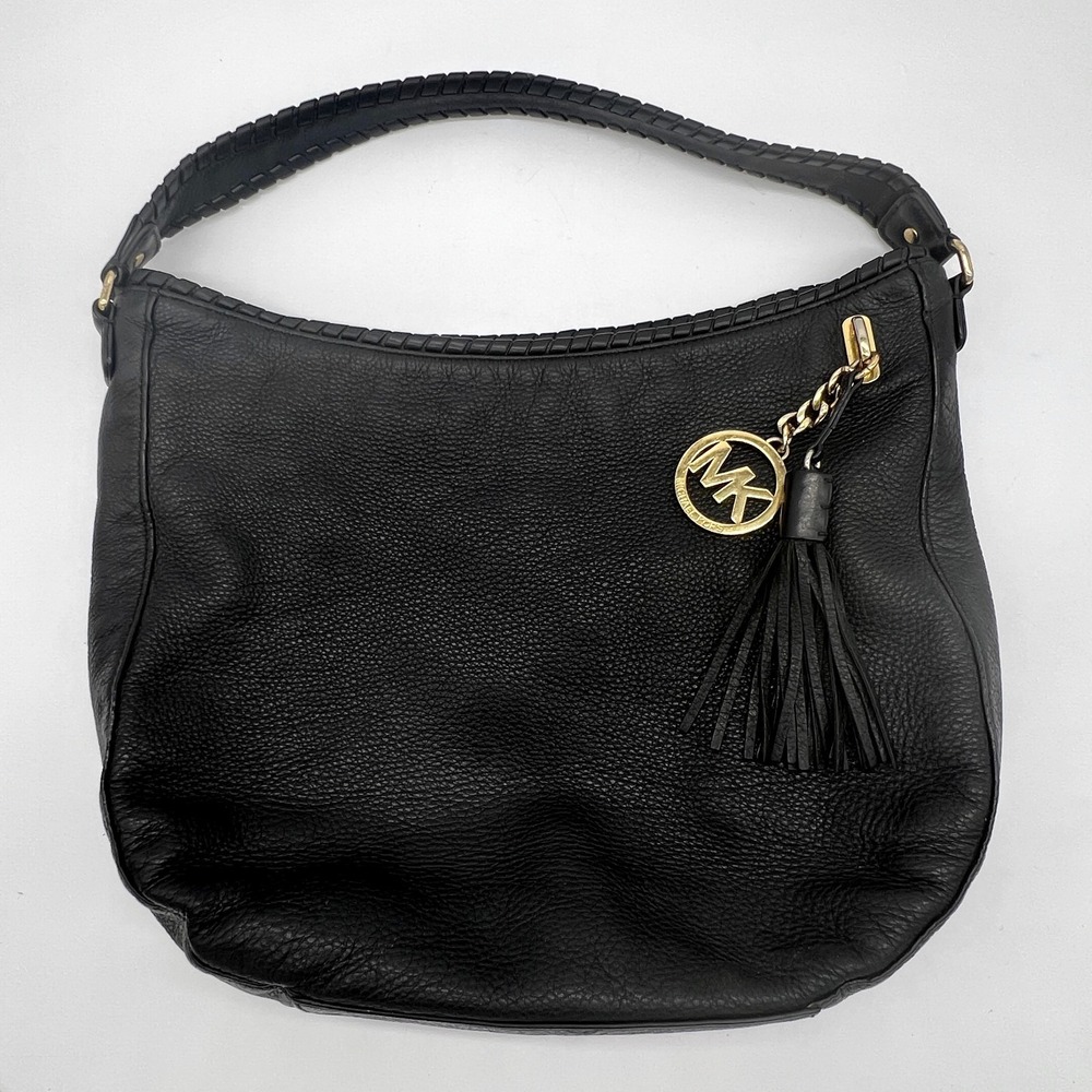 MICHAEL KORS Large Black Pebble Leather Hobo Shoulder Bag Zipper Logo Fringe